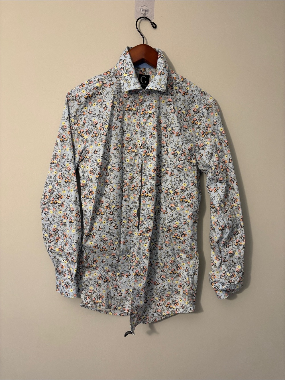 White Floral-Print Long-Sleeve Dress Shirt